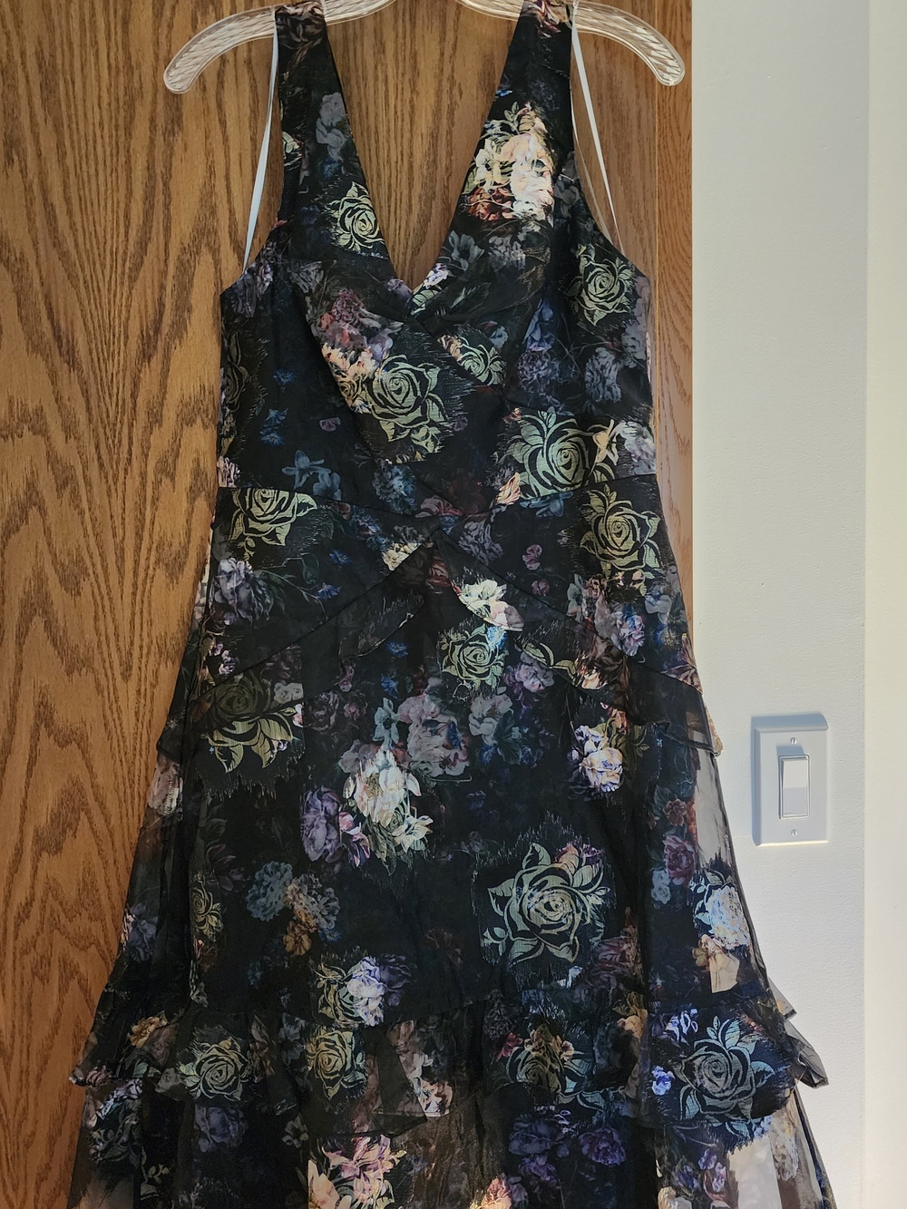 Floral V-Neck Black Evening Dress